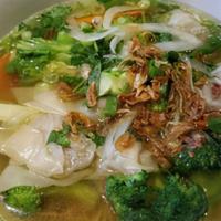 Wonton Noodle Soup · Handmade pork and shrimp wonton with a variety of vegetables served over fresh egg noodles i...