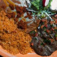 Carne Asada Angelina · A top quality cut of carne asada steak, grilled to tender perfection and served with chorizo...