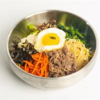 Bibimbap 비빔밥 · Rice topped with various cooked vegetables such as zucchini, mushrooms & bean sprouts, plus ...