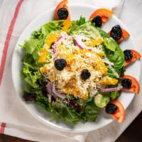 Sheri’S Sunshine Salad · Dried bing cherries, golden beets, tomato, red onion, almonds, Asiago and mixed greens in a ...