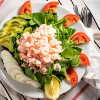 Shrimp Louis Salad · Bay shrimp, mixed greens, avocado, tomato, hard boiled cage-free egg with Thousand Island dr...