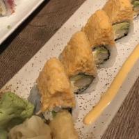 Sunset Roll · Spicy. Shrimp tempura, avocado, cream cheese, cucumber, spicy crab, with spicy may sauce.