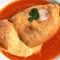 Chile Relleno Con Queso · Traditional egg battered and fried extra large poblano chile filled with Mexican cheeses, se...