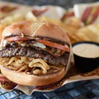 Steakhouse Burger · Caramelized onions, frizzled onions, blue cheese crumbles, tomatoes, A1 Steak Sauce, Montrea...