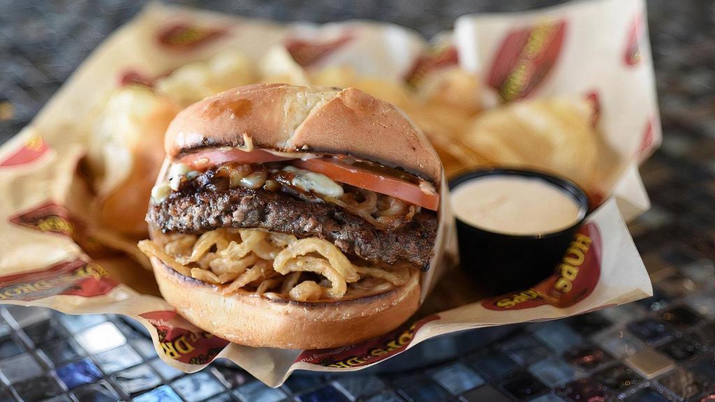 Steakhouse Burger · Caramelized onions, frizzled onions, blue cheese crumbles, tomatoes, A1 Steak Sauce, Montreal steak seasoning and chipotle mayo.