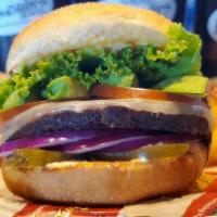 Veggie Burger · Black bean patty with provolone cheese, avocado, lettuce, tomato, red onion, pickle and Hops...