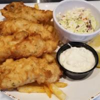 4 Piece Fish & Chips · Four pieces of tempura beer battered Alaskan cod, served with coleslaw and fries.