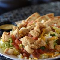 Chicken Tender Salad · Mixed greens with hand breaded chicken fingers, diced egg, tomatoes, shredded cheddar and ba...
