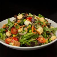 Vegan Garden Salad · Spring Mix, Cucumber, Tomato, Red Onion, Carrot, Edamame, Croutons, Choice of Dressing