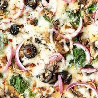 Veggie Pizza · Onions, roasted red peppers, green peppers, chopped spinach, mushrooms, olives and marinated...