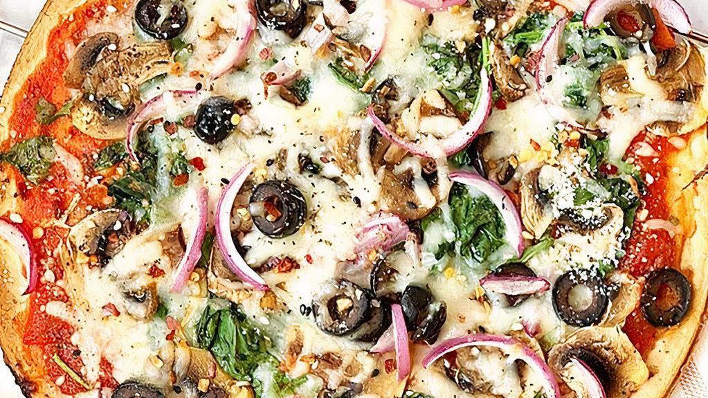Veggie Pizza · Onions, roasted red peppers, green peppers, chopped spinach, mushrooms, olives and marinated artichoke hearts.