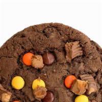 Chocolate Peanut Butter Overload · Giant double-chocolate chip cookie, stuffed with peanut butter, and topped with Reese's Piec...