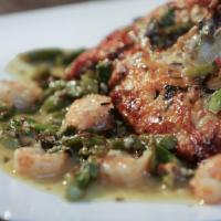 Wood Oven Garlic Chicken · Free range chicken breast pan roasted in the wood oven with shrimp, asparagus, garlic, and a...