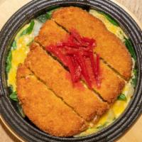 Katsu-Ni · Served with soft scrambled egg in dashi-broth, onions, and red ginger.