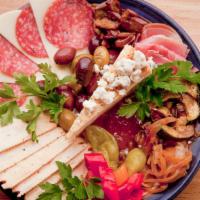 Antipasto Misto · Sliced meats and cheeses, olives, roasted vegetables, parmesan cheese wedge, mama Lil's swee...