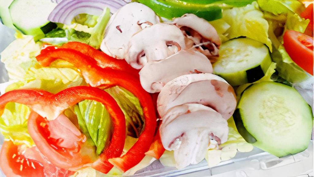 Tossed Salad Sm · Hand crafted with romaine lettuce, tomato, cucumber, red and green bell pepper, red onion, mushroom, olive, and cherry pepper with your choice of dressing.
