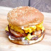 Truffle Mac Burger  · Hand smashed cheeseburger, griddled mac n cheese, scallion, white truffle aioli, crispy bell...