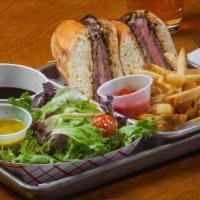 Prime Dip · Sliced prime rib, olive tapenade, and Gruyère cheese on a Grand Central rustic baguette with...