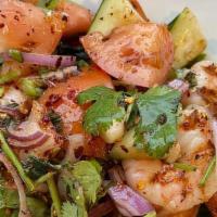 Jumbo Prawn Salad · Grilled jumbo prawn, tomato, cucumber, onion, spring mix, cilantro, fresh mint, and sweet ch...