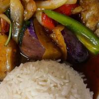 Spicy Eggplant · Eggplant, onion, bell pepper, basil leaves in sweet roasted chili sauce.