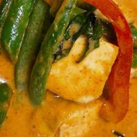 Panang Curry · Green beans, bell pepper, and basil in Panang curry.