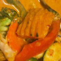 Pumpkin Curry · Pumpkin, bell pepper, and basil in red curry.