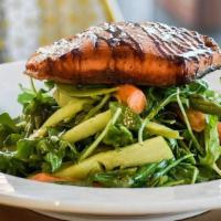 Pomegranate Glazed Salmon · arugula, asparagus, apple, carrot, organic apple cider vinaigrette