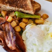 Two Eggs Any Way · Bacon, Breakfast Potatoes, Toast