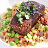 Blackened Salmon · Pan seared with soy, White beans, Spinach, Heirloom tomatoes, Bacon