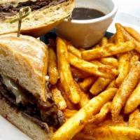 French Dip · Thinly Sliced Slow Roasted Beef, Swiss Cheese, Horseradish Mayo, on Ciabatta. Served with Au...