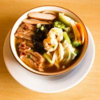 Udon · With broccoli, cabbage, carrots, seaweed, chicken, and shrimp.