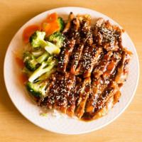 Teriyaki Chicken Plate · Served with Steam rice, veggies (Broccoli, cabbage, and carrots),  Teriyaki Chicken, sesame ...