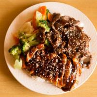 Teriyaki Chicken & Beef Plate · Served with Steam rice, veggies (Broccoli, cabbage, and carrots),  Teriyaki Chicken, Teriyak...