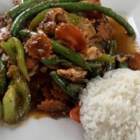Phad Prik Khing (Spicy Green Bean) · Spicy. Stir fried green beans, bell peppers, carrot and special chili sauce.