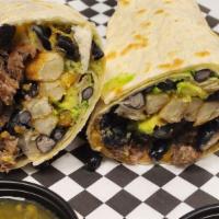 The Cali Burrito · Freshly made flour tortilla, filled with carne asada, cheddar jack cheese, french fries, avo...