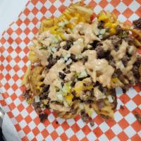 Loaded 5Th Street Burger Fries · Waffle cut fries, melted american cheese,  1/3 pound fresh never frozen beef patty, chopped ...