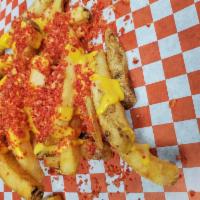 Flaming Devil Fries · Straight cut fries with melted cheese sauce dusted in flaming hot cheetos