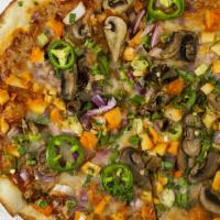 Curry Pizza · Chicken, mushrooms, green and red onions, jalapeño, cilantro on curry.