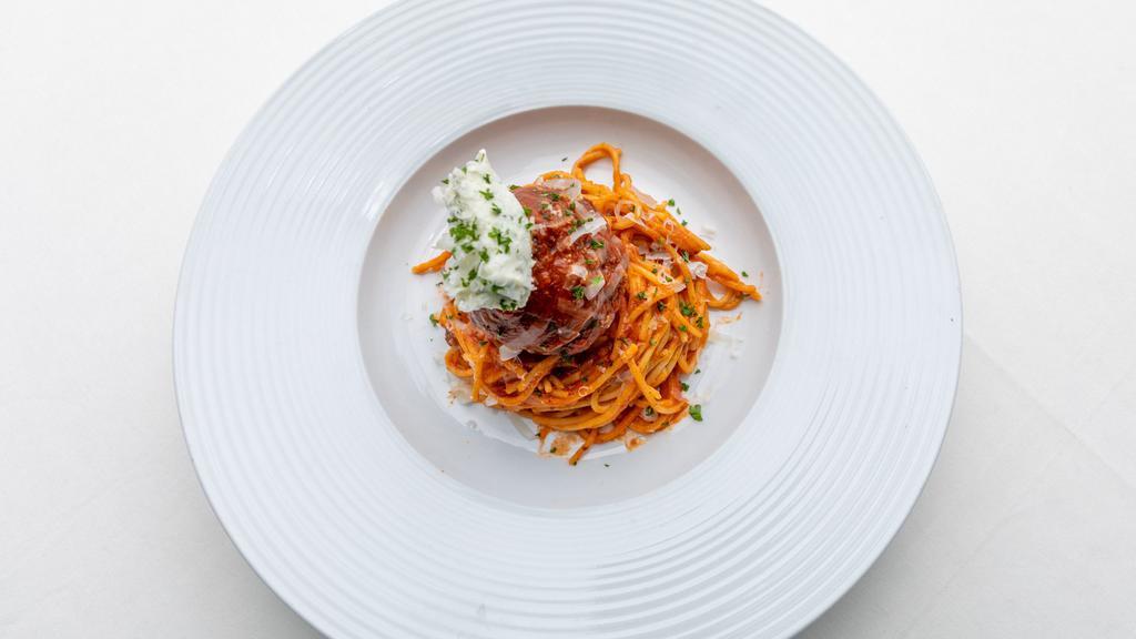 Spaghetti & Meatball · House sauce, basil and ricotta.