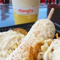 Elote Entero With Cotija Cheese And Chips On The Side · Elote entero with chips on the side. Your choice of chips on the side and toping on the chips.