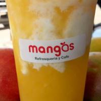 Raspado De Mango · Mango Raspado Syrup with Fresh cut mango chunks! (Pro tip!: Get it with vanilla bean ice cre...