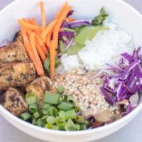Broadway · Garlic tofu, peanut ginger sauce, cilantro, red cabbage, carrots, scallions, and toasted ses...