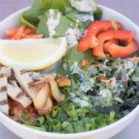 Big Chik'N Salad · On a bed of spinach, green cabbage, red cabbage, red peppers, scallions, pepperoncinis, carr...