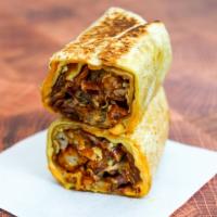 The Tot Breakfast Burrito · 3 slices of crispy thick-cut bacon, sauteed chicken apple sausage, triple egg omelet, srirac...