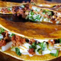 3 Quesatacos  · fried tortilla filled with cheese, choice of meat, cilantro and onions side of salsa
