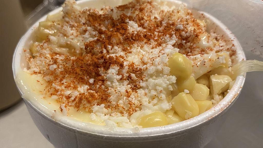 Esquites · Corn served in a cup with mayo, cotija cheese, chili powder & lime