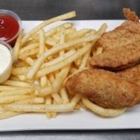 Chicken Strips · Breaded, and fried strips of white meat chicken, choice of ranch or BBQ sauce with fries.