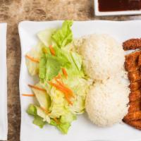 Chicken Katsu · Served with salad and steamed rice.