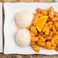 Orange Chicken · Served with steamed rice.