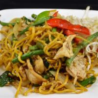 Benny’S House Noodle* · Pan fried Yakisoba noodle with chicken, fresh chili, fresh garlic, bell peppers, onions, sti...